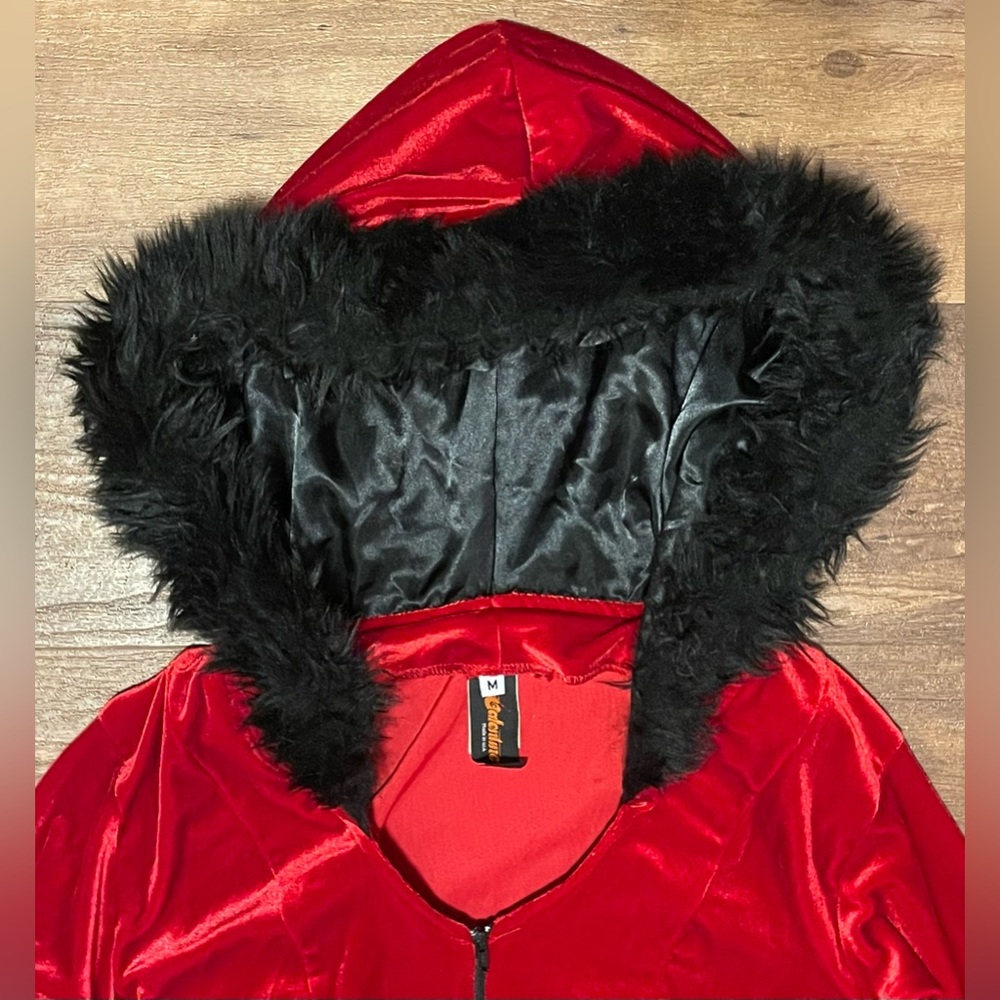 J Valentine Hooded red velour Black Santa Costume sexy Mini Dress size S Medium - Picture 2 of 7